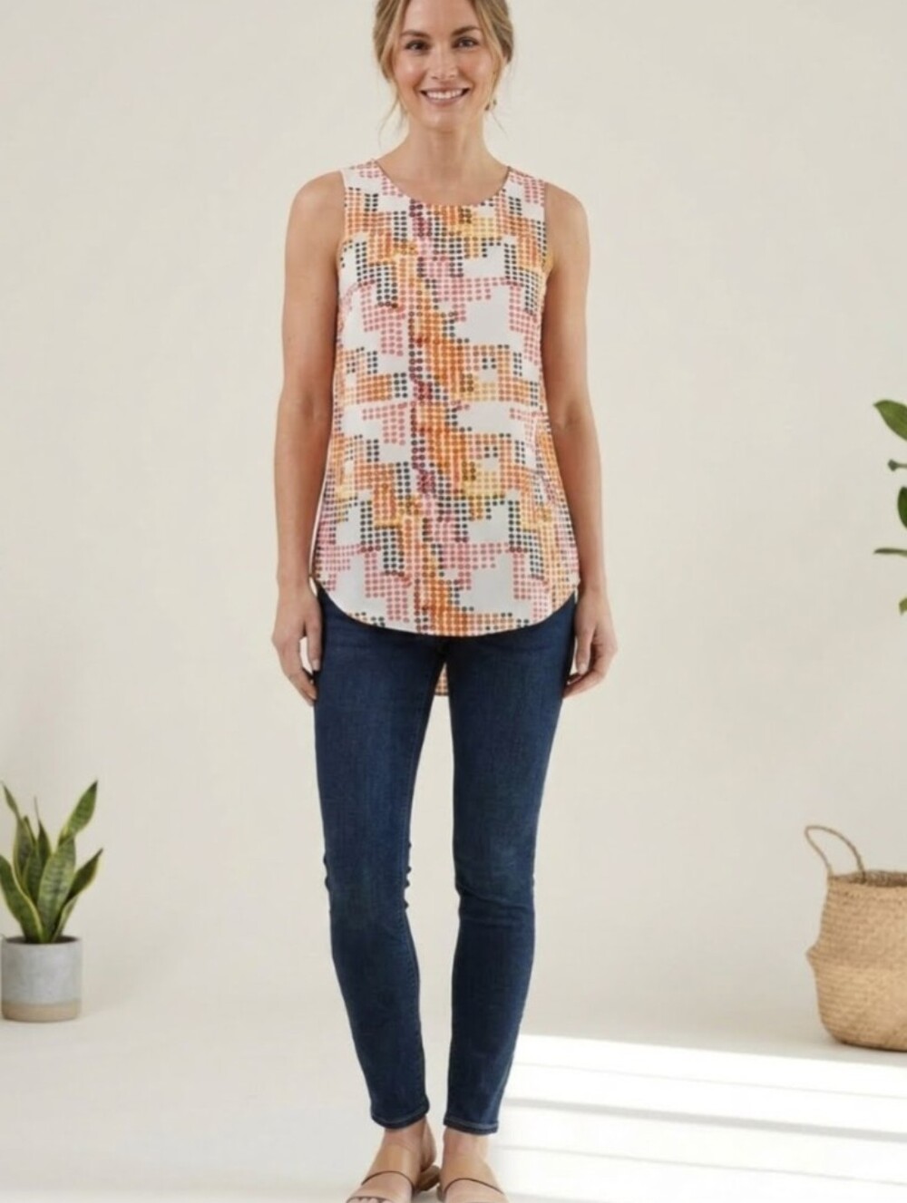 W5 Anthropologie Back 1/2 Zip Hi Low Tank Blouse Orange Black White Size S NWT!